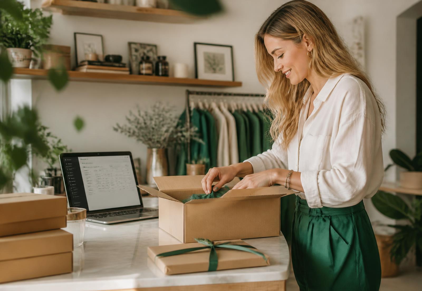 Titolare di un piccolo negozio online prepara un ordine accanto al laptop